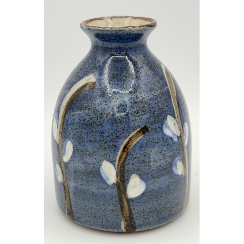Blue Speckled Pottery Bud Vase Branch Motif 5" Tall Japan Vintage